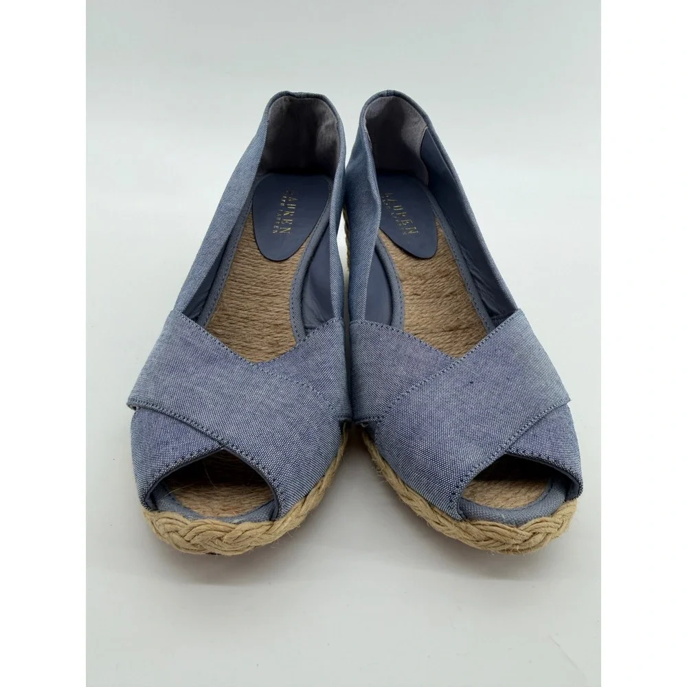 Lauren Ralph Lauren Cecilia Blue Canvas Espadrille Wedge Sandals Womens 10B